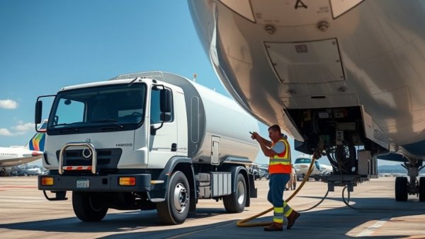 Fuel truck servicing airplane, airport tarmac scene.
