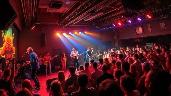 Energetic band performing live on stage with vibrant audience.