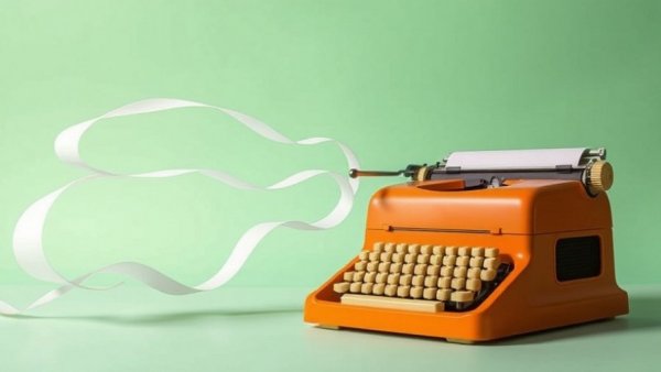 Dual orange typewriters with flowing papers on green background, AI in team meetings concept.