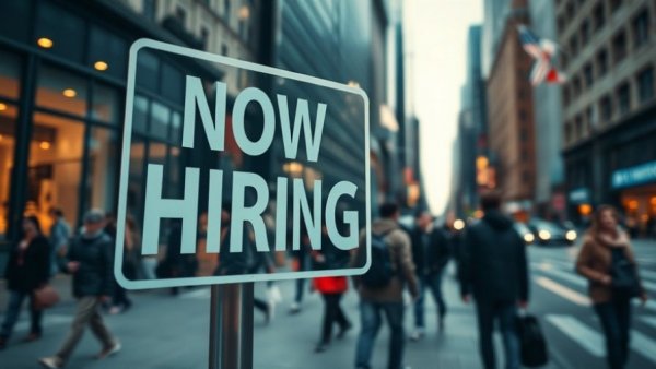 Reflections of people and buildings in window with 'Now Hiring' sign, April jobs report HR strategy