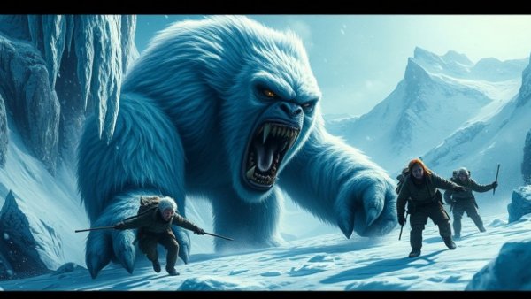 Cold War yeti hunting scene in snowy mountains