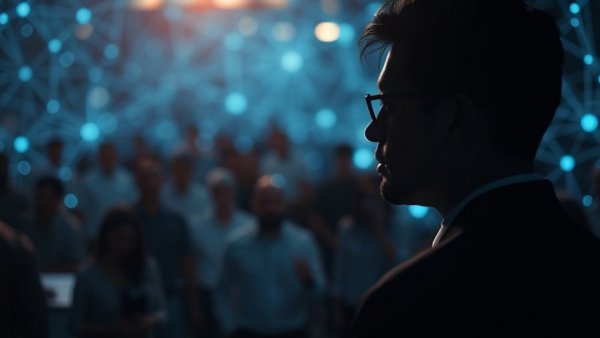 Silhouetted businessman observing digital network in futuristic setting.