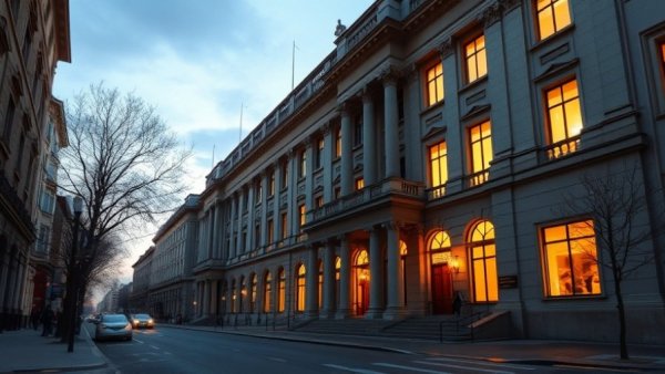 Large neoclassical building with glowing windows at dusk.