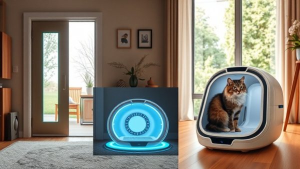 Smart cat gadgets displayed in a modern home environment.