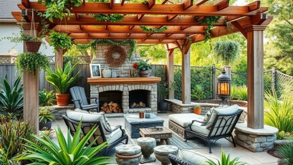 Chic outdoor patio with thrifted decor under pergola.