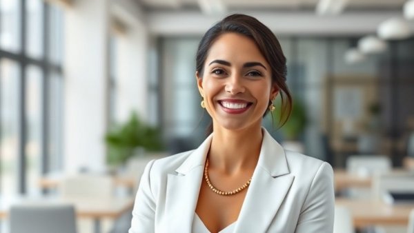 Professional woman smiling in a bright office environment.