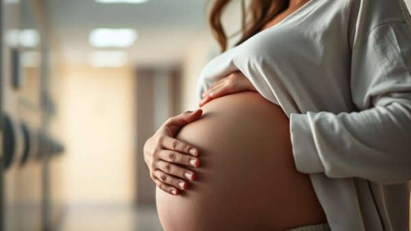 Miracle baby growing, pregnant woman cradling belly, soft blue overlay.