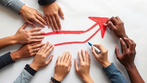 Collaborative drawing of red arrow by diverse hands, concept of job design for disability.
