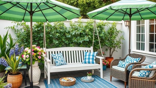 Amazon patio decor and outfit ideas featuring colorful umbrellas and seating.