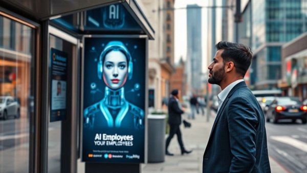 AI in recruiting depicted in urban ad, professional man observes.