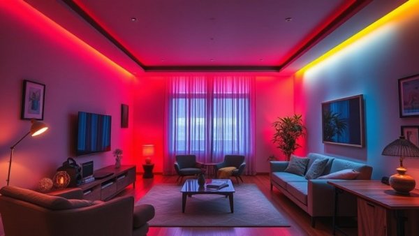 Modern living room with smart lighting using an HDMI sync box.
