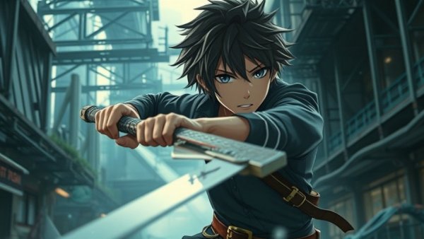 Dynamic anime character wielding a sword in a dystopian setting.