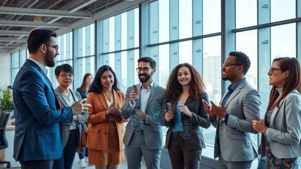 Professionals discussing AI innovations in modern office.