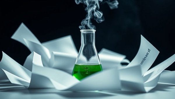 Floating AI software research papers around a steaming green beaker.