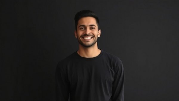 Confident individual smiling against a dark background.