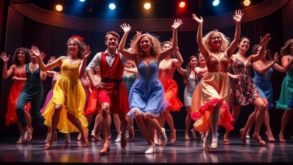Energetic dancers in 'A Chorus Line' closing Omaha show performing on stage.