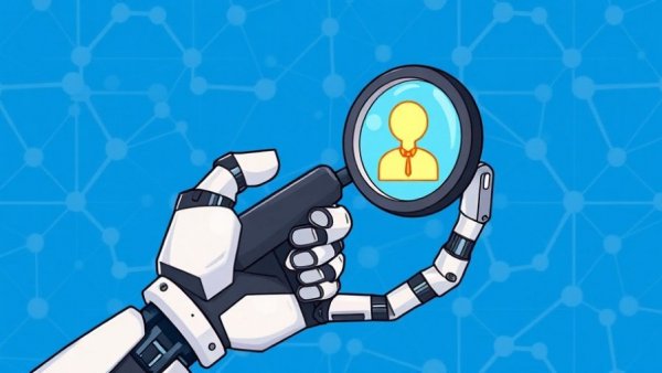AI candidate sourcing concept with robotic hand and magnifying glass