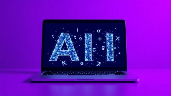 Vibrant laptop generating letters symbolizing AI content tools.