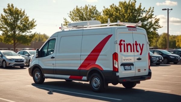 Xfinity branded van parked in a sunny lot, Xfinity vs. Verizon Fios.