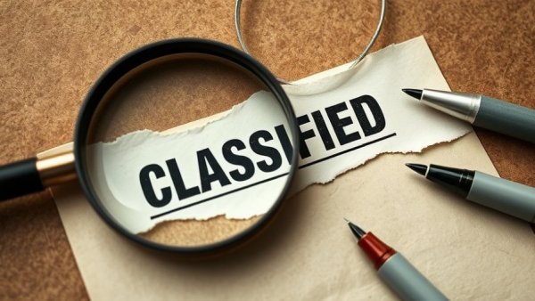 Magnifying glass revealing 'CLASSIFIED' on paper, symbolizing security clearance.