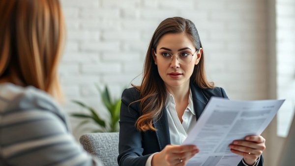 Professional woman discussing employee benefits cuts at a table.