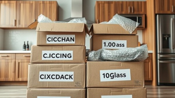 PCS Move Tips for Military Families: Packed kitchen with labeled boxes.