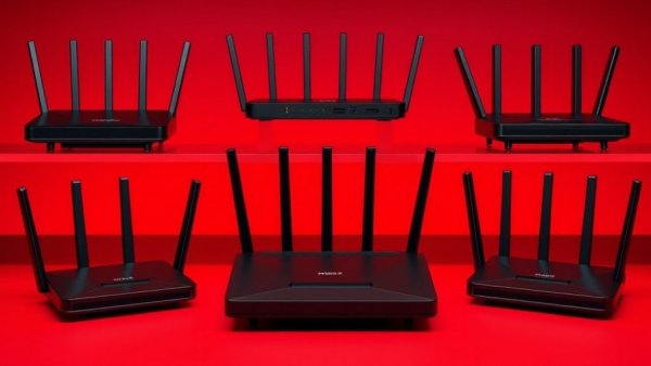 Dual-band and tri-band routers on red background