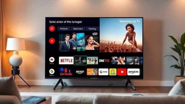Smart TV showing apps and ads, block ads on smart TV concept.
