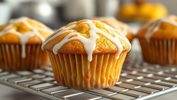 Freshly baked lemon glaze muffins on cooling rack.