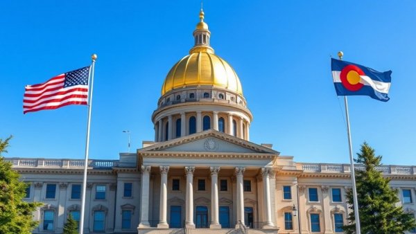 Colorado Capitol Building with flags, clear blue sky.