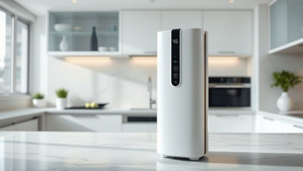 Dyson HushJet Compact Air Purifier on marble countertop, minimalistic kitchen setup.