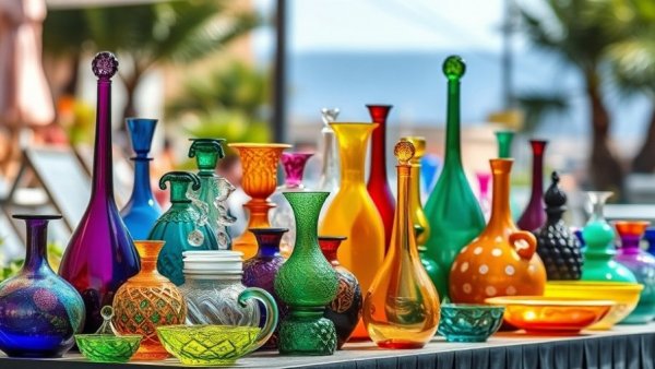 Garage sale glassware and ceramics collection under sunlight.