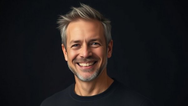 Mature man with a warm smile, confident pose.