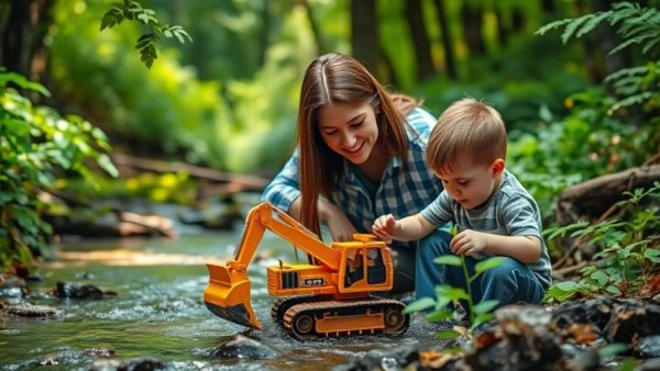Benefits of underparenting depicted with child playing by stream.