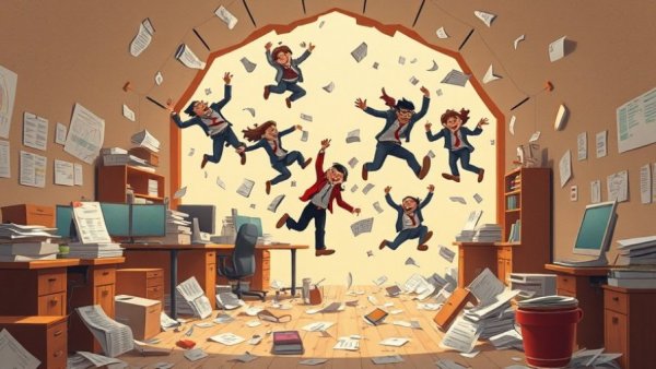 Surreal office scene illustrating AI impact on job retention.