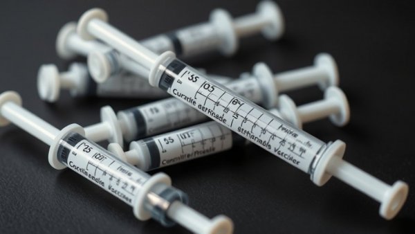 Close-up of COVID-19 vaccine syringes with detailed labels on a table.