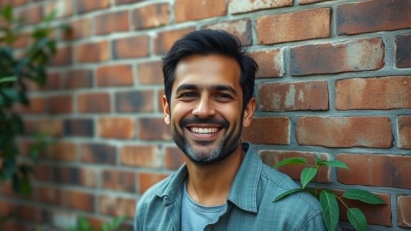Smiling man in front of brick wall with greenery, photorealistic lifelike.