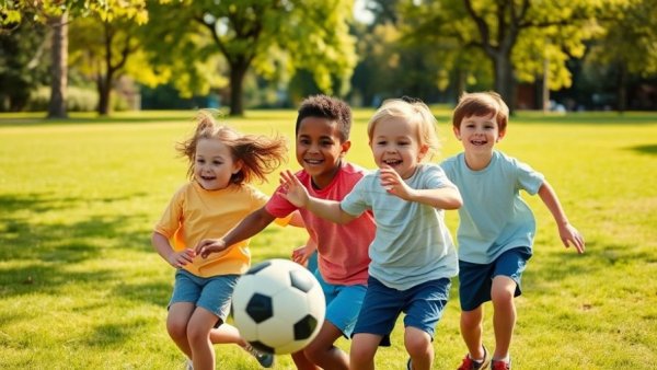 Happy children playing soccer in a sunny park