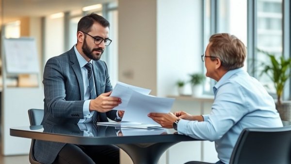 Equity release financial adviser explaining documents to a client.