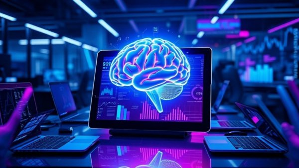 Futuristic digital illustration of AI technology in HR