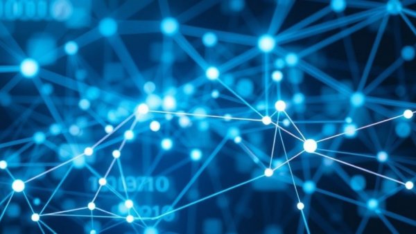 Futuristic digital network symbols representing connectivity and intelligence.