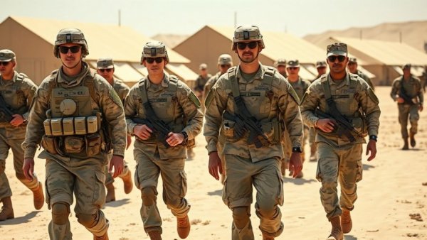 U.S. Army personnel in desert uniforms at military camp.