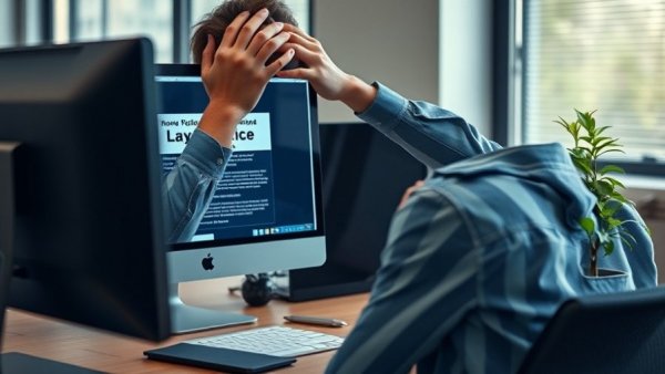 Office worker facing layoff anxiety with notice on screen.