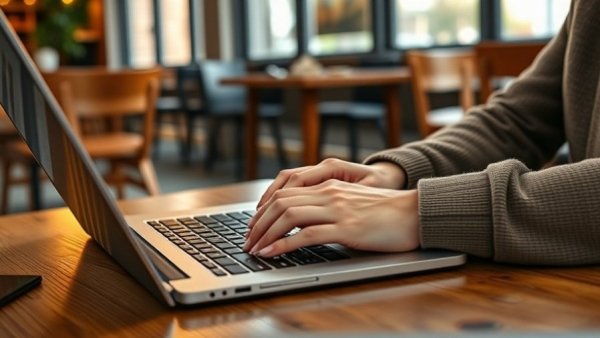 Close-up of hands typing on a laptop in a coffee shop.