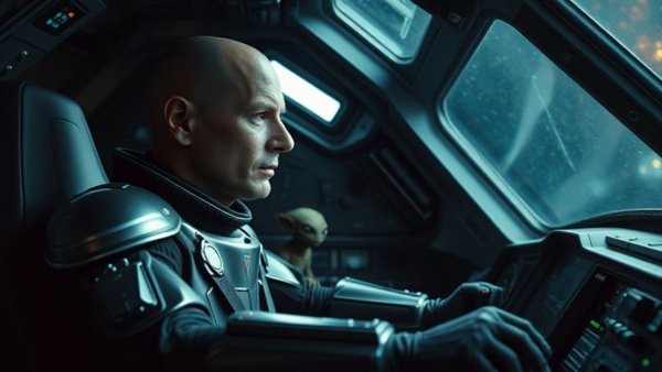 The Mandalorian and Grogu piloting a spacecraft in a sci-fi setting.