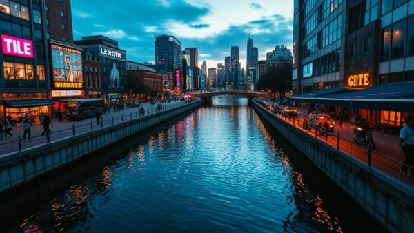 Vibrant urban canal scene at dusk in Oklahoma City, showcasing lively evening atmosphere.