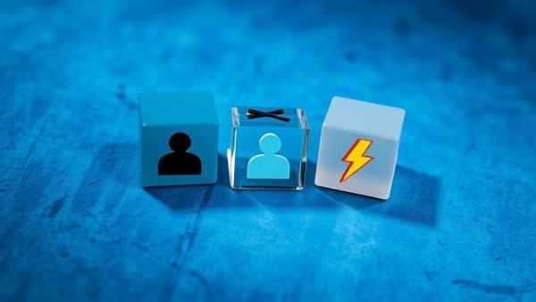 Abstract cubes with symbols representing employee performance on blue background.
