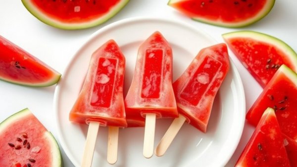 Rocket-shaped watermelon popsicles with fresh slices on marble.