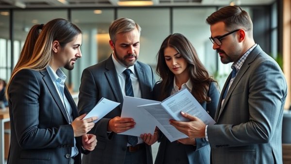 Business professionals discuss documents in modern office.