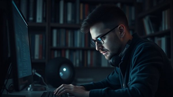 Software developer focused on screen, dimly lit room.